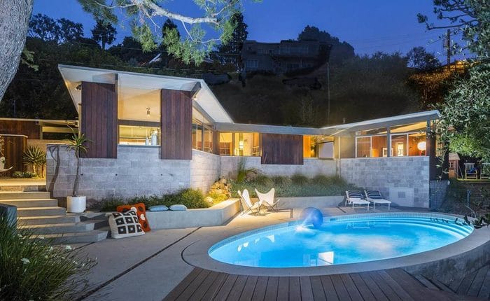 Pool view of the Arens House by A. Quincy Jones architect