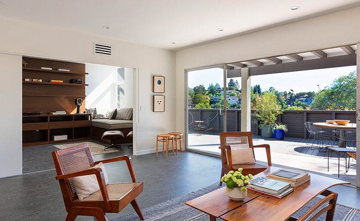 Living room of a unit in The Avenel Cooperative Housing Complex by Gregory Ain.