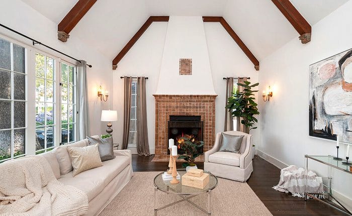 Historic Brookside English Tudor with cathedral beamed ceiling.