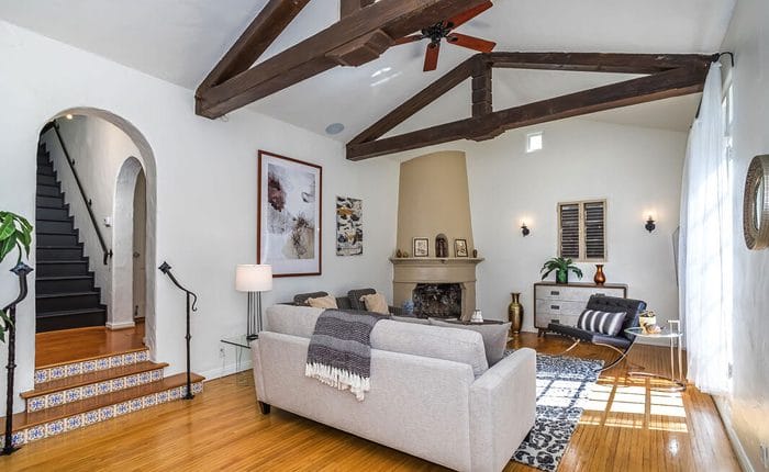 Historic Whitley Heights Spanish Home with dramatic gable beamed ceiling