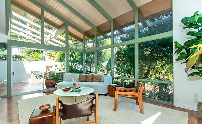 Living room of a Glendale Mid Century Modern home with walls of glass