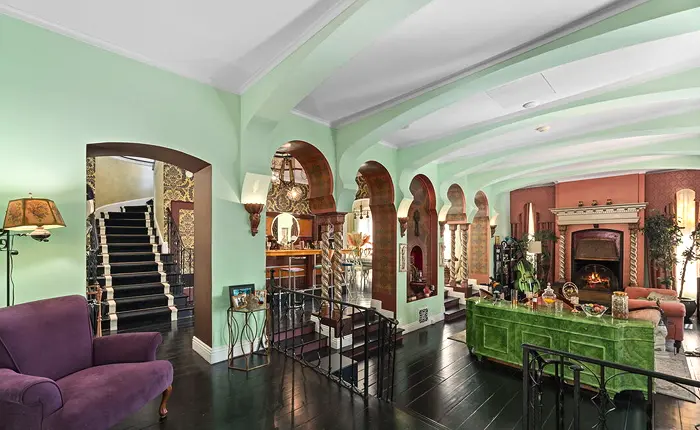 Living room of the historic Hollywood estate by architect William L. Skidmore.