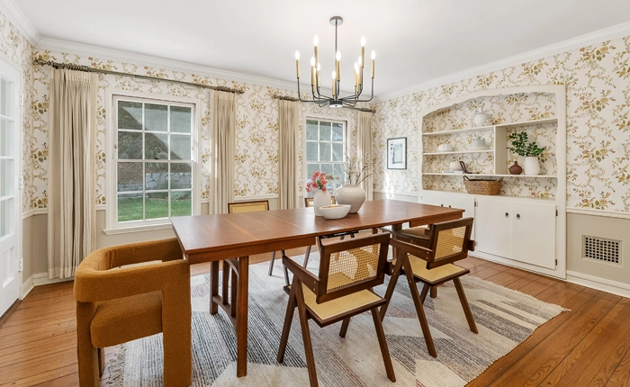 Decorative floral wallpaper in the dining room of a Mandeville Canyon ranch style home