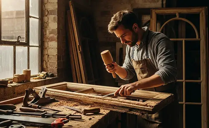Craftsman repairing a historic window frame with traditional tools and techniques