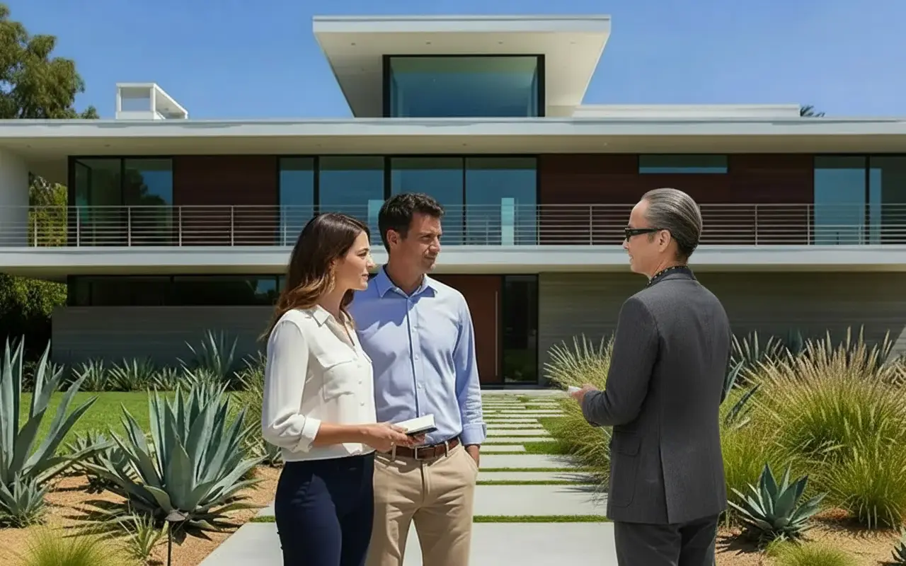 Couple consulting with real estate agent JB Fung in front of an architectural house