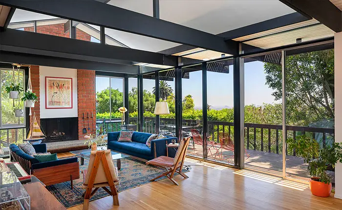 Architect Edward Fickett post and beam construction in the living room of the Case Study Jacobson House