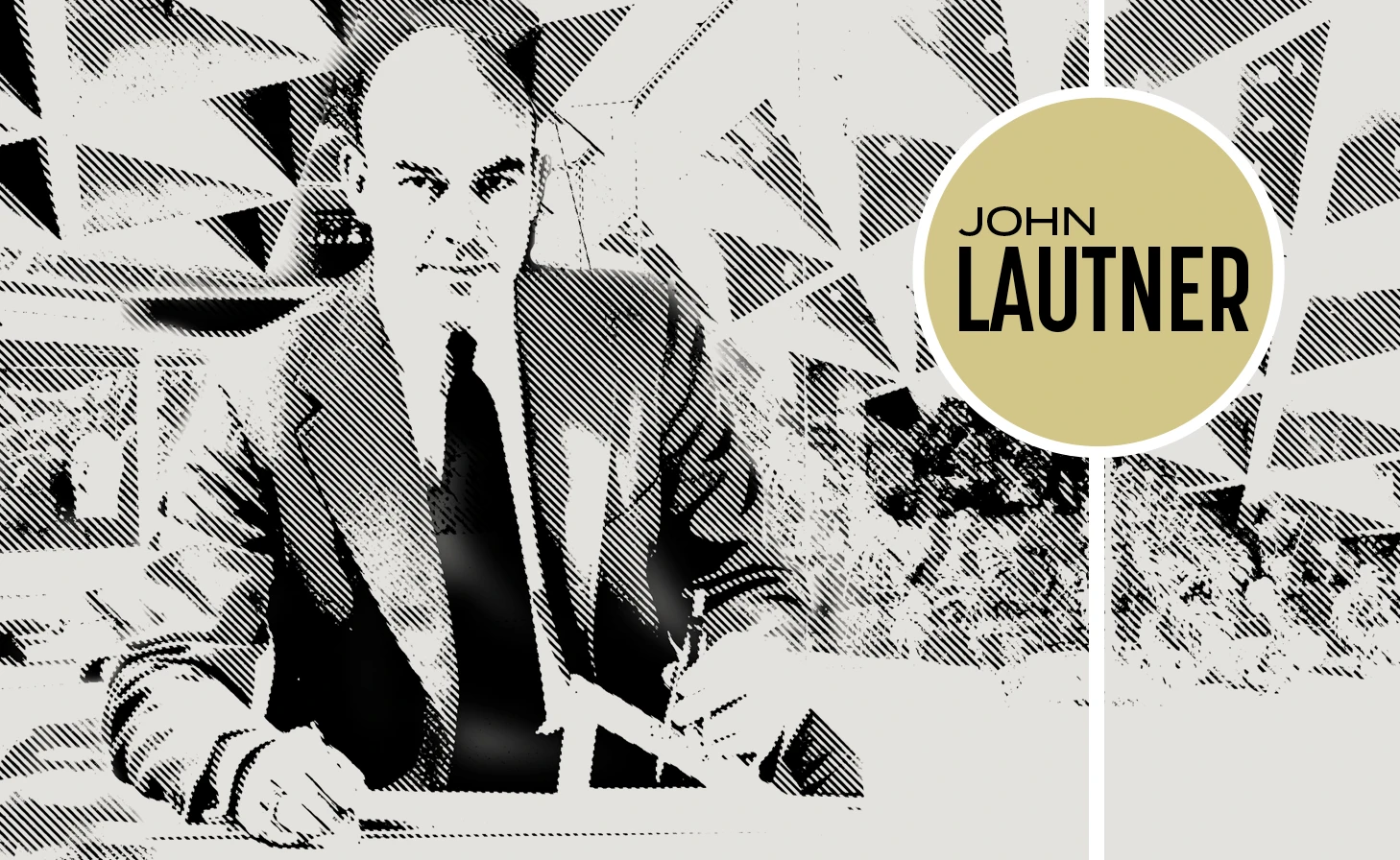 Architect John Lautner at drafting table in front of the Sheats-Goldstein house with soaring concrete roof