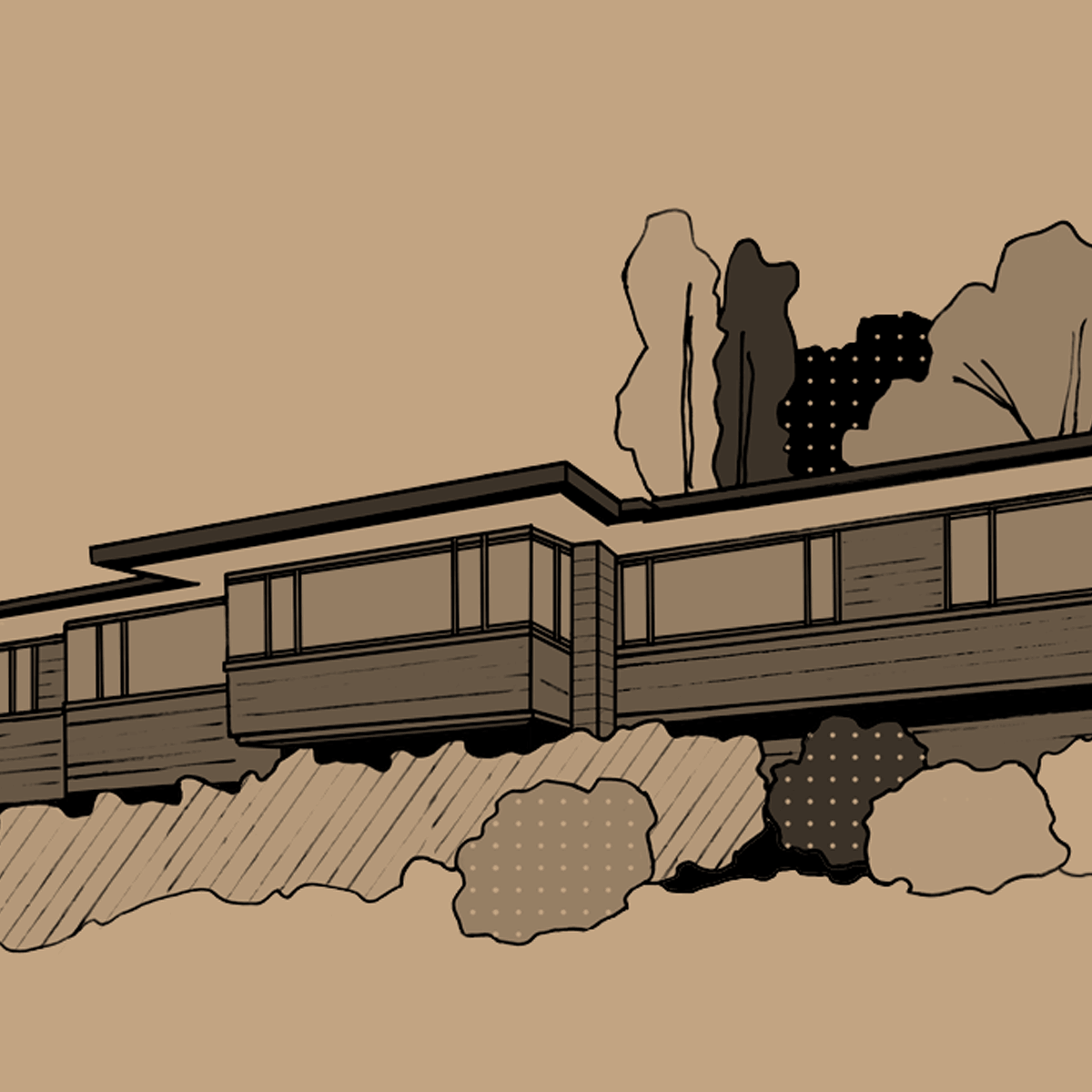 A minimalist illustration of a modern house designed by architect James De Long with large windows, flat roof, and surrounded by trees and bushes, drawn in shades of brown.