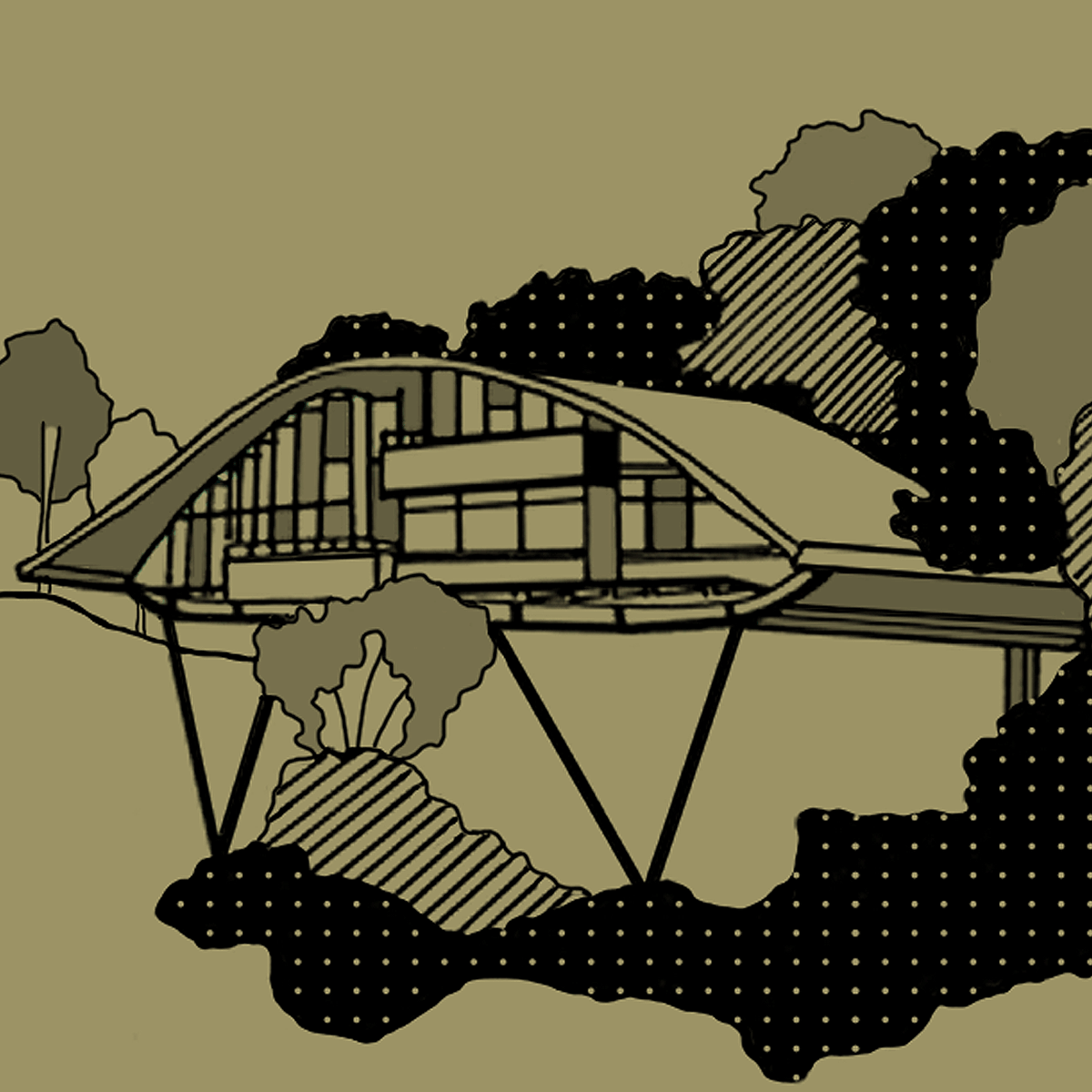 Stylized illustration of John Lautner's iconic Garcia House, a mid century modern house on stilts, surrounded by trees and bushes, with a curved roof and glass windows, set against a beige background with dotted and shaded textures.
