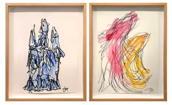Two framed abstract drawings by Frank Gehry: the left features jagged blue and black shapes; the right has flowing lines with pink and yellow washes, suggesting dynamic movement on white backgrounds.