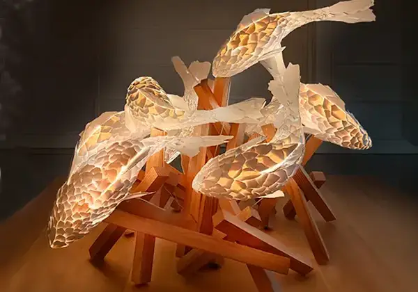 A sculptural lamp by Frank Gehry, featuring glowing, fish-shaped lampshades with scale-like patterns, supported by intersecting wooden rods on a tabletop. The fish sculpture appears to swim above the wooden structure.