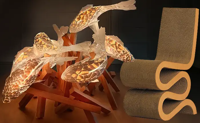 A Frank Gehry Wiggle side chair from the Easy Edges series and a glowing ColorCore Fish Lamp