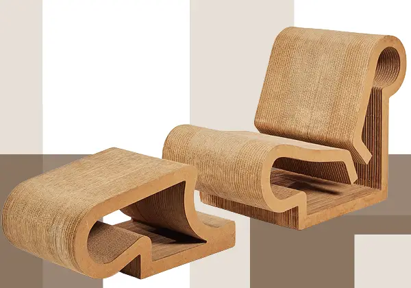 Sculptural Easy Edges chair and ottoman designed by Frank Gehry, crafted from layered corrugated cardboard with rounded, wave-like forms in a minimalist, natural brown aesthetic.