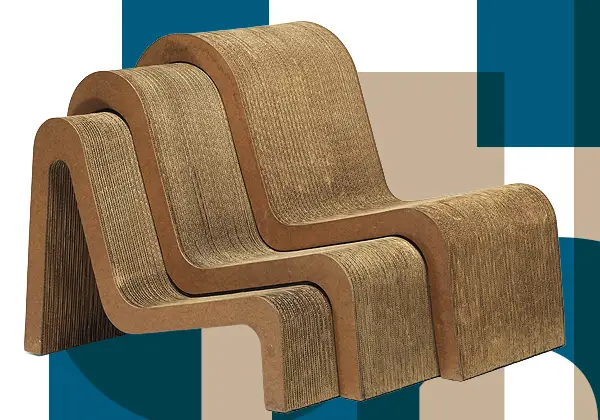 Sculptural chairs from the Easy Edges serie, designed by Frank Gehry, made of layered, corrugated cardboard with undulating, wave-like curves, set against a background of overlapping teal and beige geometric shapes.
