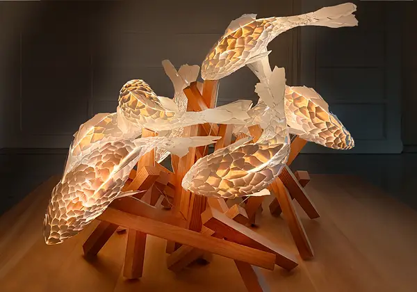 Frank Gehry's iconic Fish Lamp, featuring glowing, scale-patterned bodies of translucent material supported by wooden sticks in a dynamic, abstract arrangement on a wooden surface.