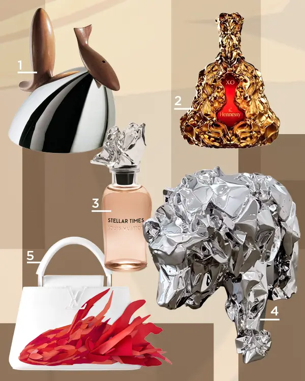 A collage of five Frank Gehry's luxury designer objects: a silver and wood kettle, a crumpled gold bottle, a perfume bottle, a shiny sculpted animal and a white handbag with red abstract decoration. Each item is numbered.