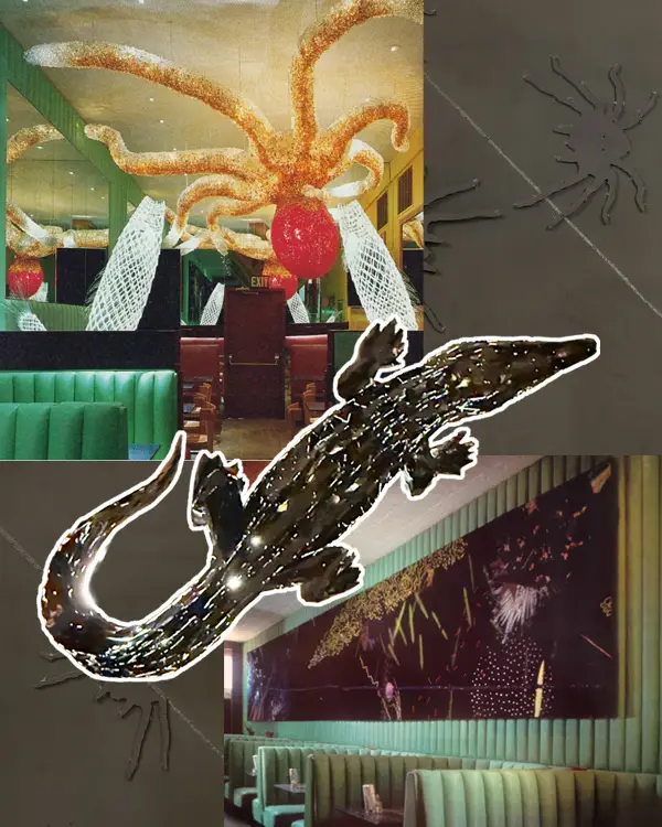 A collage features a glittery octopus ceiling decoration above a Rebeccas Restaurant booth, a large illustrated crocodile overlay, and a photo of a dining area with green booths and a wall mural, all on a textured background. Frank Gehry's Design.