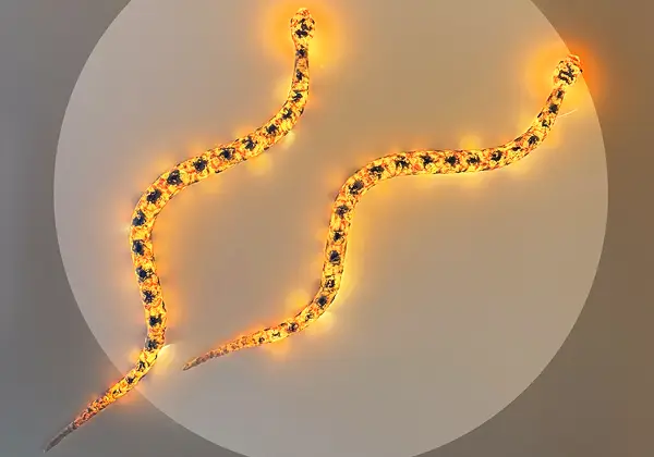 Two Snake Lamps by Frank Gehry are decorated with colorful gemstones and illuminated by warm yellow lights, gracefully coiled on a light gray circular background.