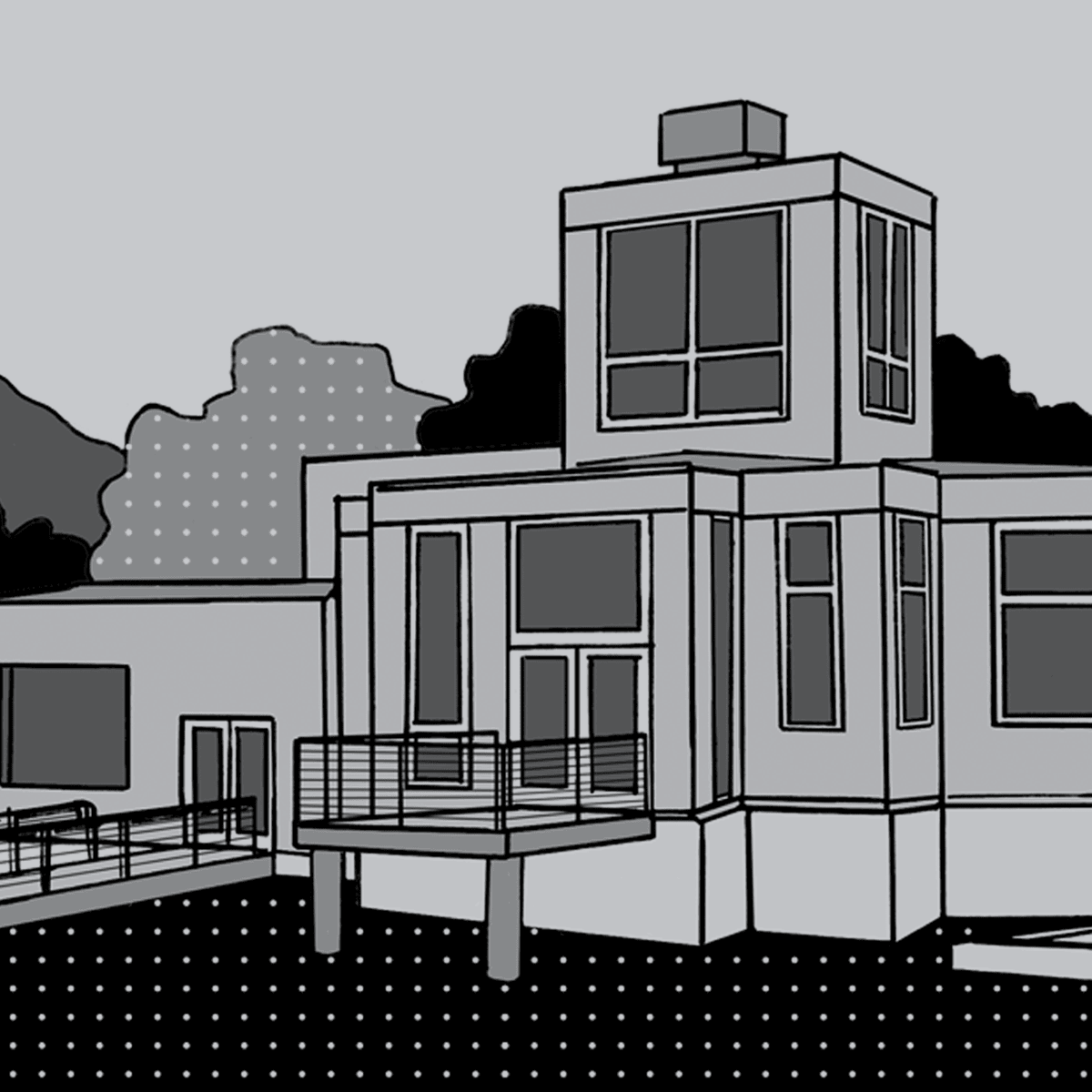Black and white illustration of a modern, two-story building designed by Frank Gehry with large windows, a balcony, and surrounding trees. Reminiscent of an architect’s sketch-the style is geometric with dotted shading on the ground and trees.