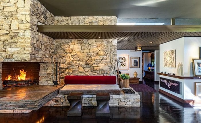 Brentwood Park Architectural Home with rock fireplace