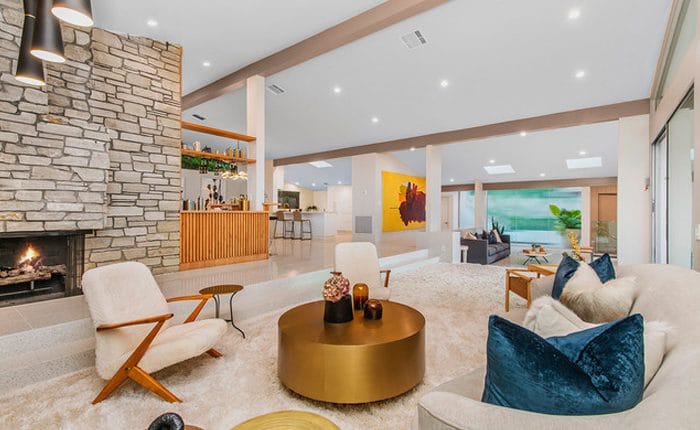 Great rock fireplace in this BHPO Mid Century home